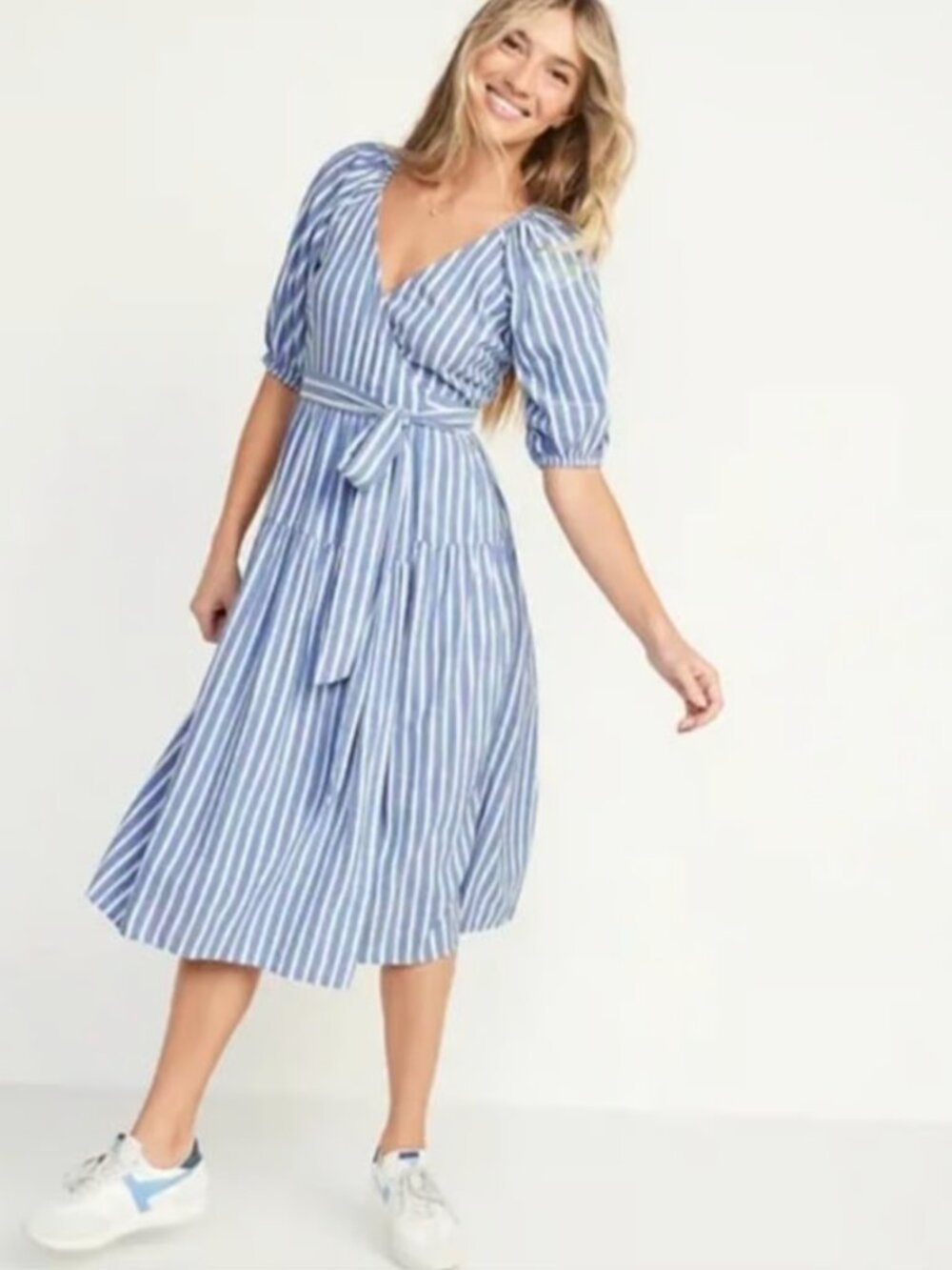Old Navy Waist-Defined Striped Tie-Belt Midi Wrap Dress Large